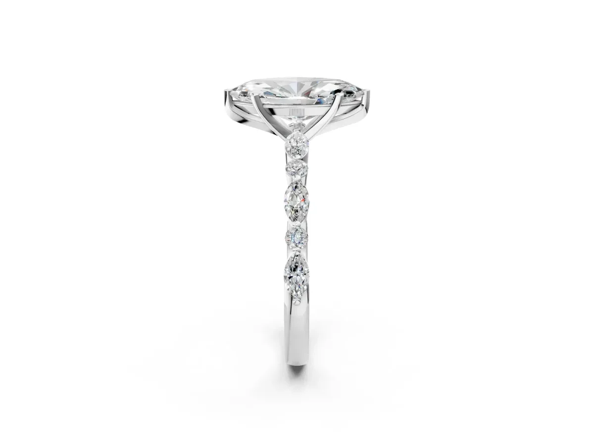 Marquise Cut Diamond Ring with Marquise and Round Moissanite Side Stones and Four-Prong Setting Platinum