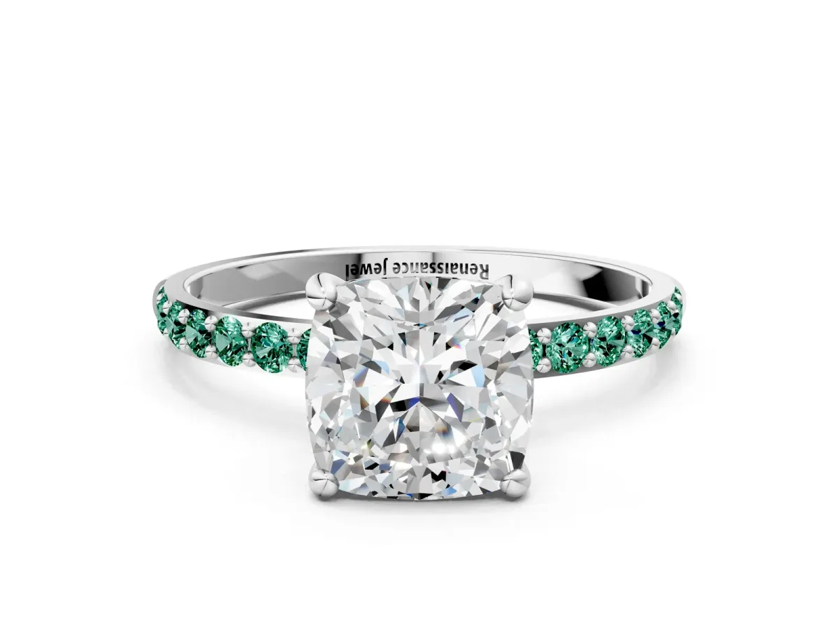 Cushion Cut Diamond Solitaire Ring with Round Green Sapphire Pavé Band and Prong Setting White gold