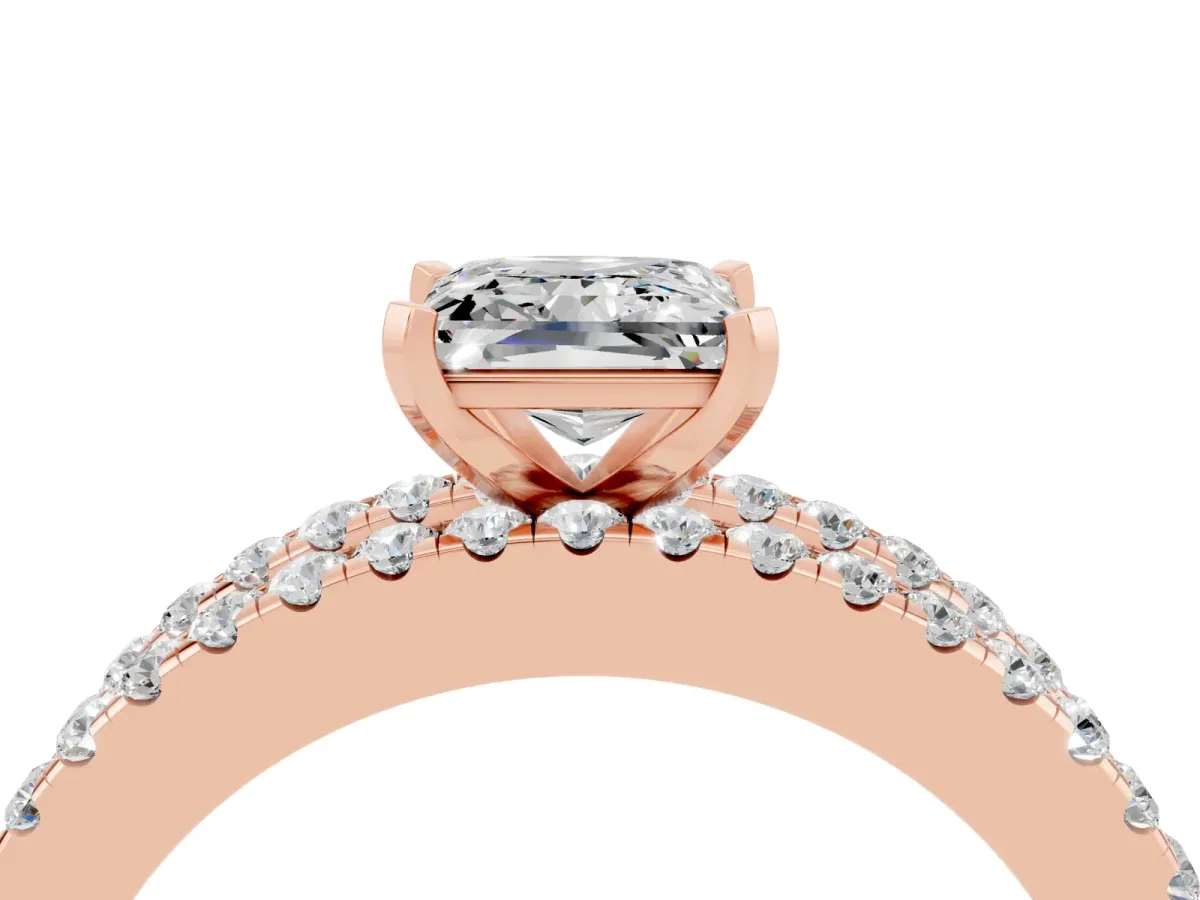 Princess Cut Moissanite Solitaire Ring with Pavé and Channel Set Band Rose gold