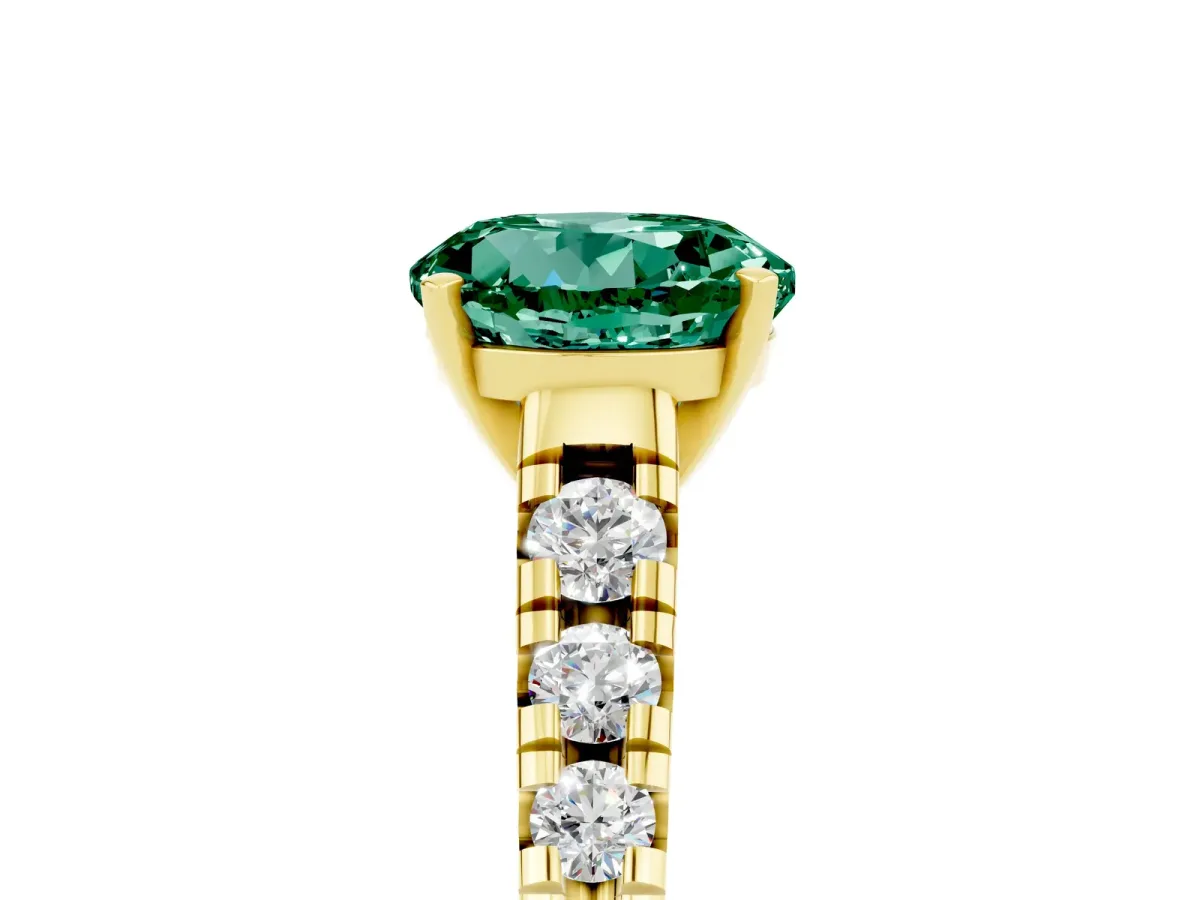 Round Cut Green Sapphire Cathedral Solitaire Ring with Round Pavé Band Yellow gold