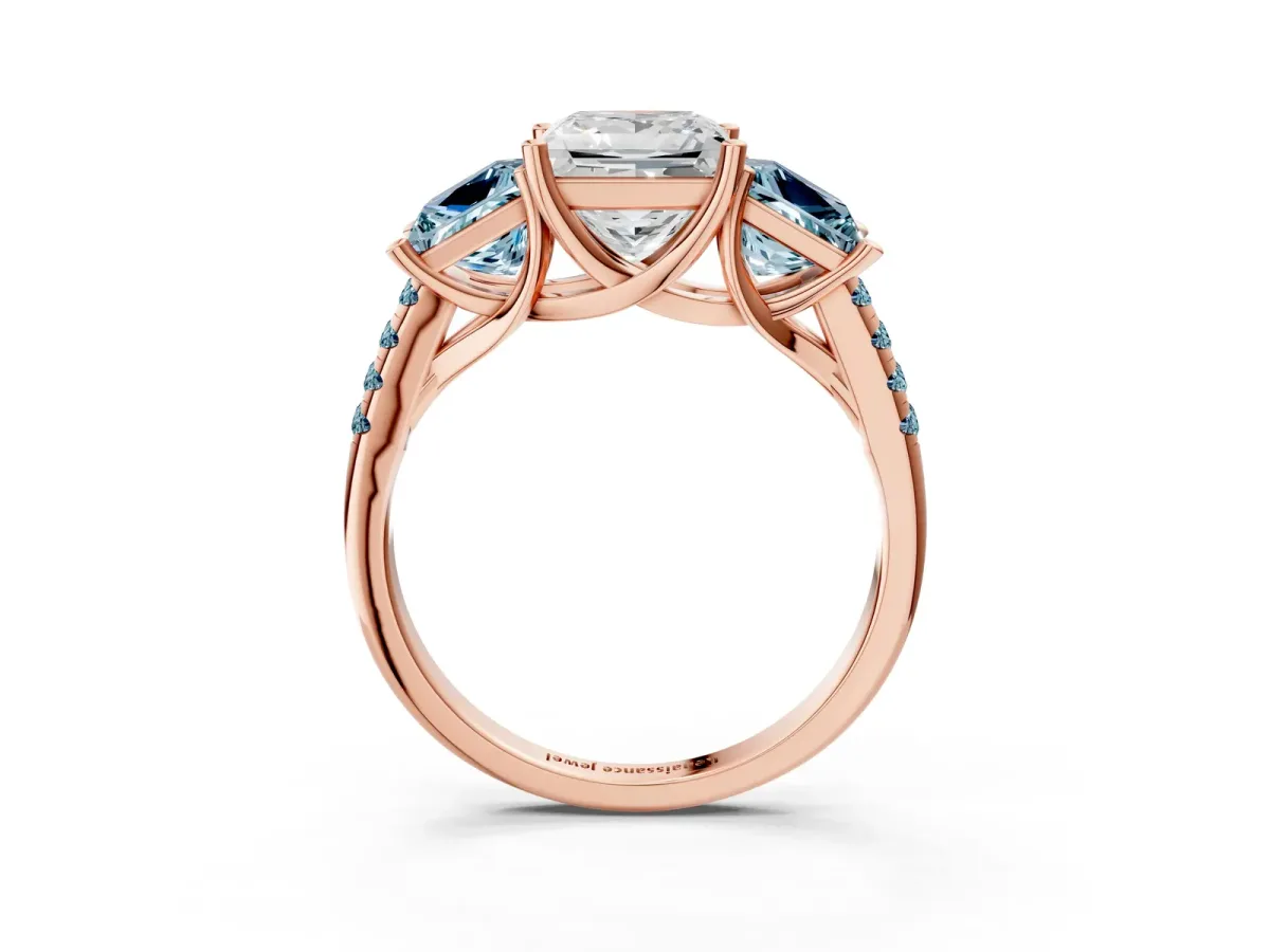 Three-Stone Princess Cut Diamond Ring with Round Aquamarine Pavé Band and Prong Setting Rose gold