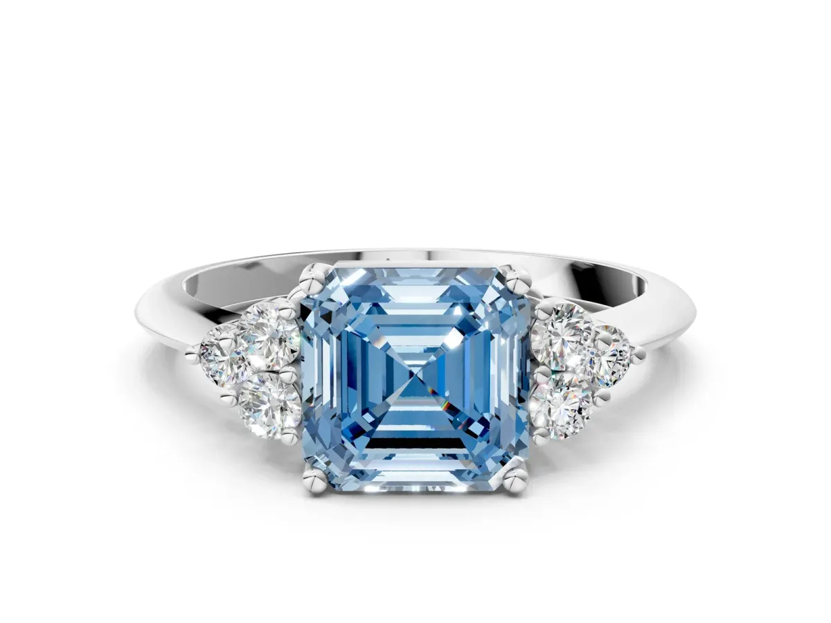 Fancy Blue Asscher Cut Cut Diamond Cluster Ring with Solitaire Band and Four-Prong Setting Platinum