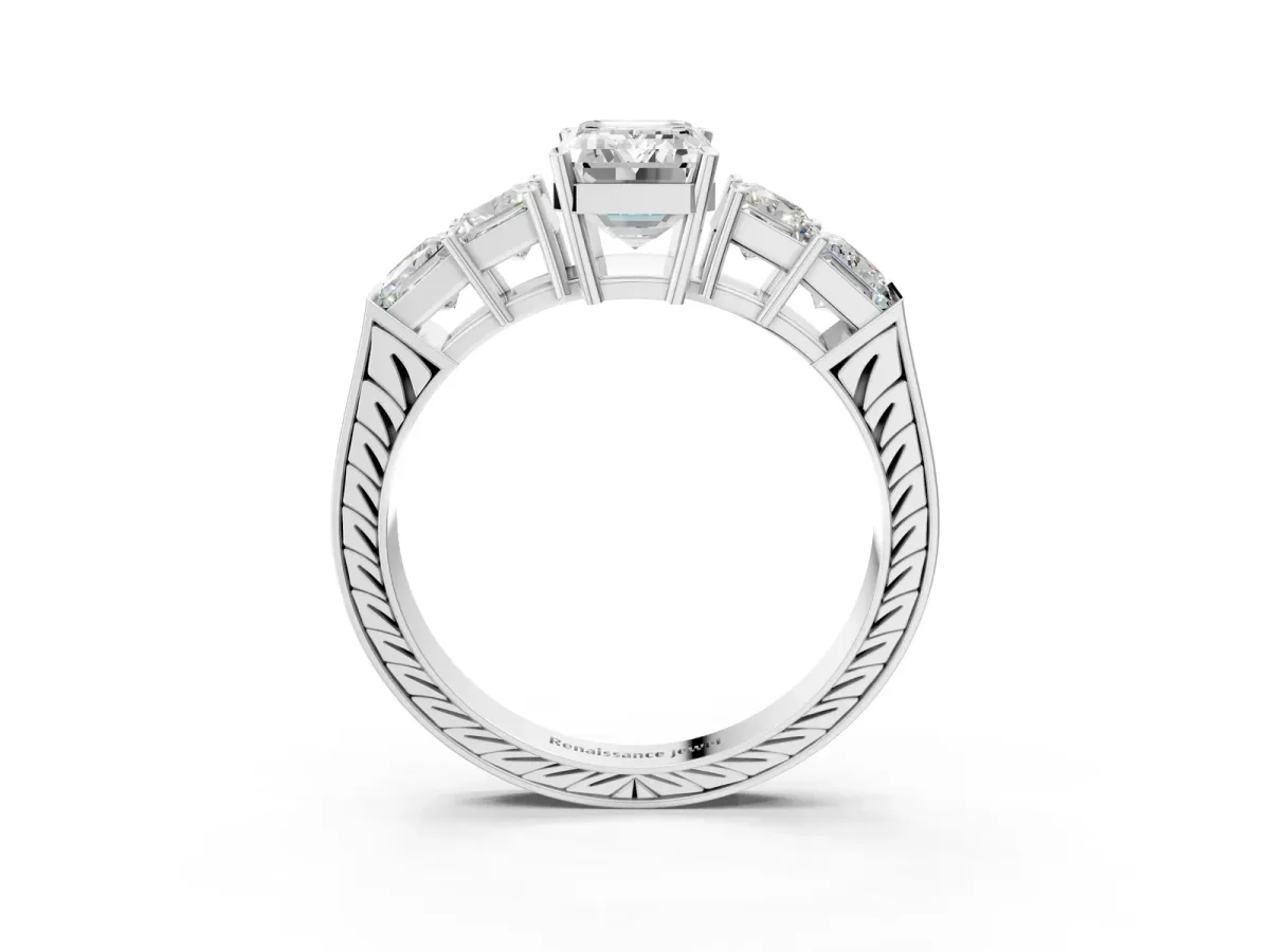 Emerald Cut Solitaire Princess Side Stone Engraved Band Prong Setting Ring Silver