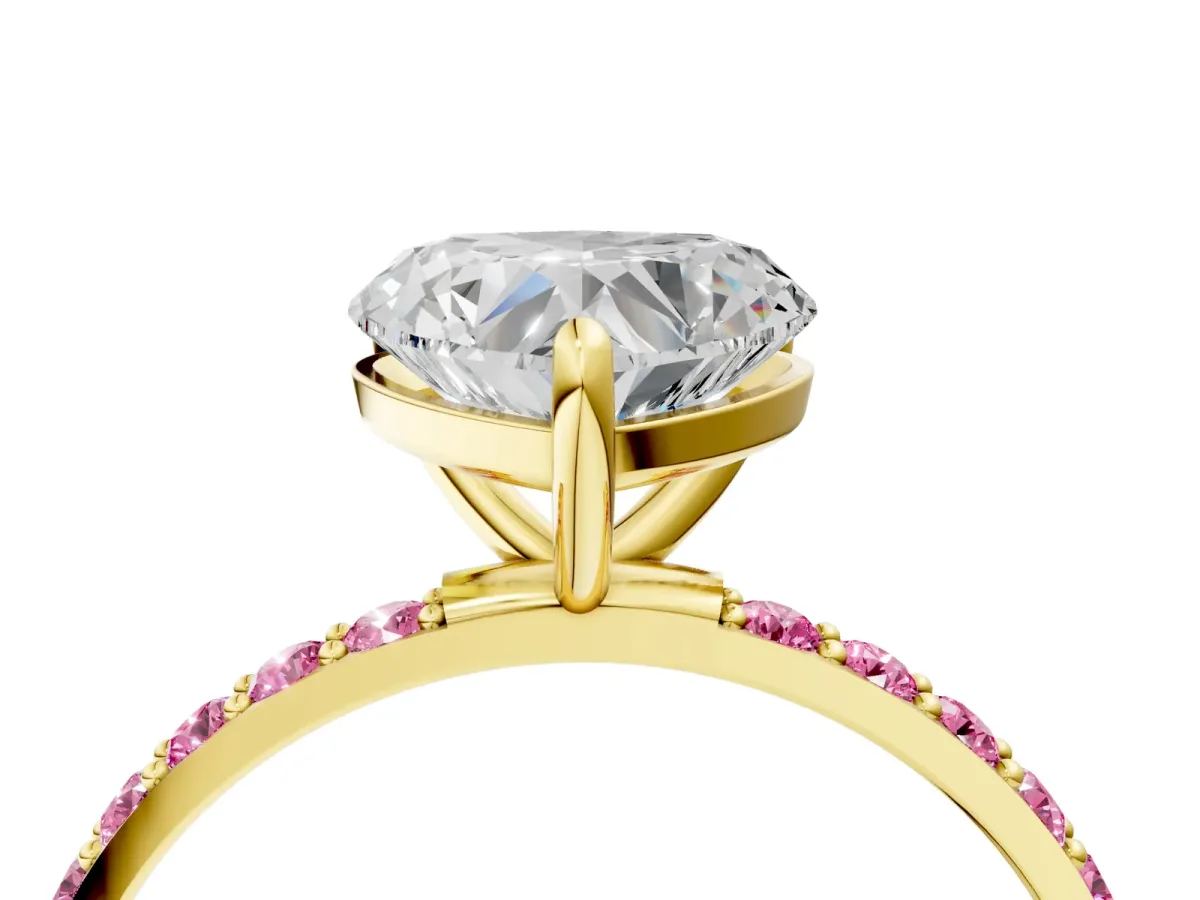Heart Cut Diamond Solitaire Ring with Round Pink Sapphire Pavé Band and Prong Setting Yellow gold