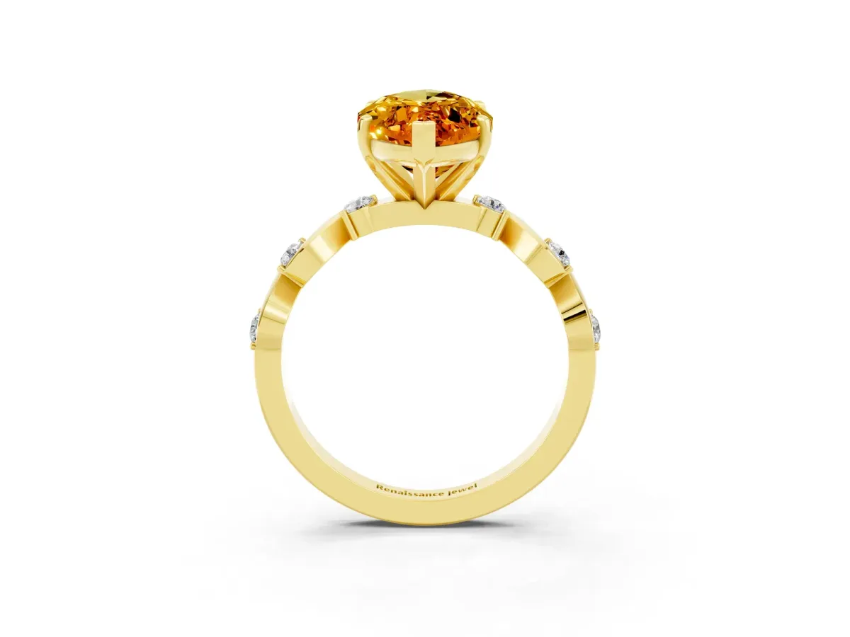 Marquise Cut Citrine Solitaire Twisted Band with Round Accents and Prong Setting Yellow gold