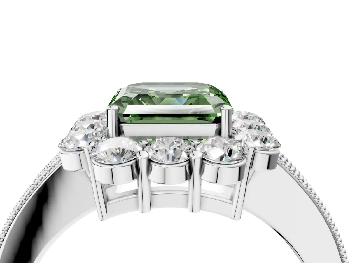 Fancy Green Asscher Cut Cut Halo Diamond Pavé Engagement Ring with Milgrain Detailing Platinum