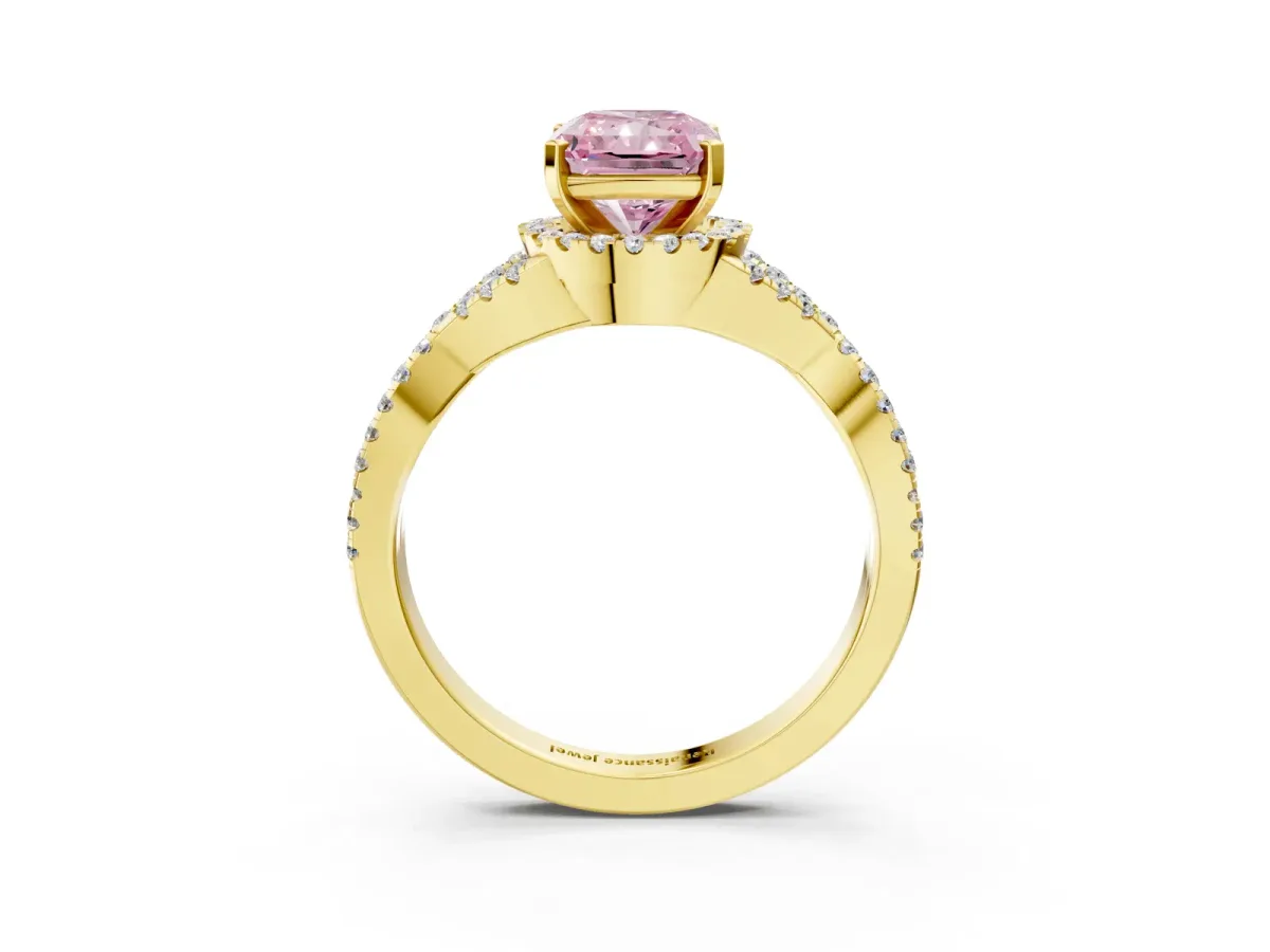 Fancy Pink Radiant Cut Diamond Halo Twist Band Solitaire Prong Setting Ring Yellow gold