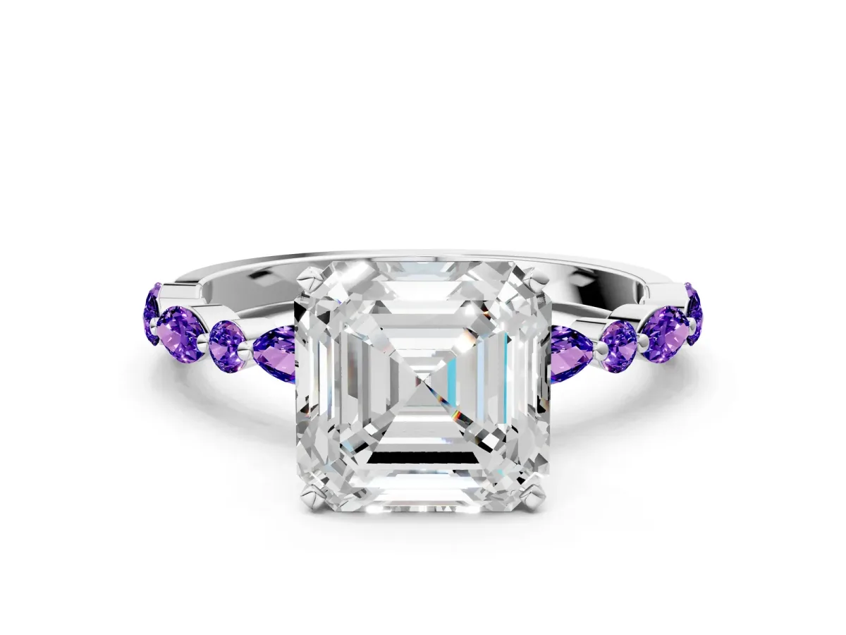 Asscher Cut Diamond Ring with Marquise and Round Tanzanite Side Stones and Four-Prong Setting White gold