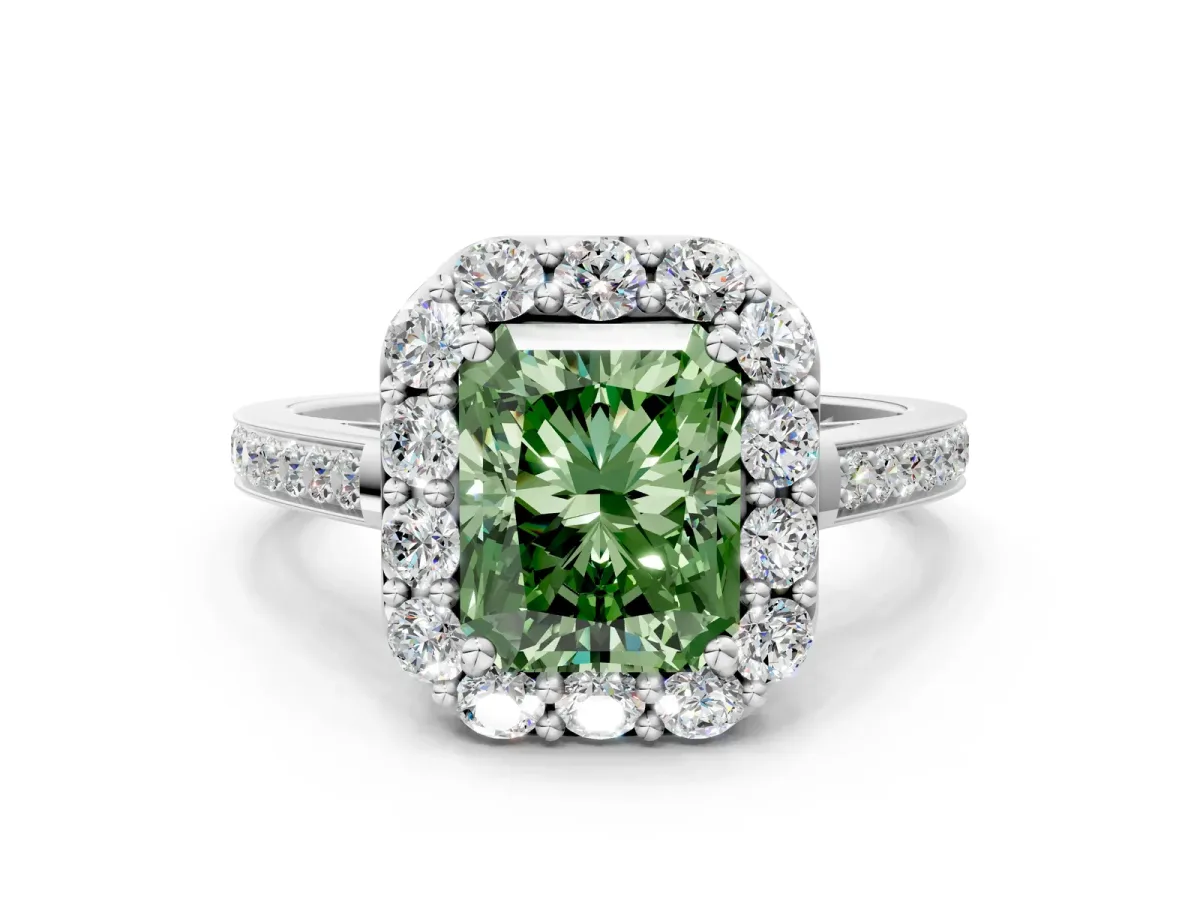 Fancy Green Radiant Cut Diamond Floral Halo Ring with Pavé Band and Prong Setting Platinum