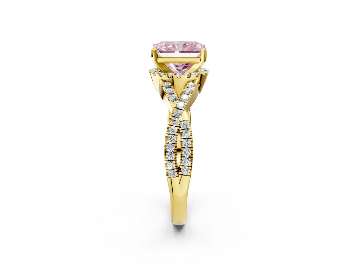 Fancy Pink Radiant Cut Diamond Halo Twist Band Solitaire Prong Setting Ring Yellow gold