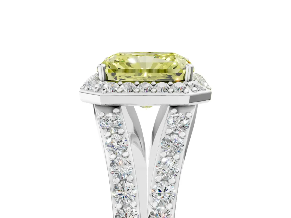 Fancy Yellow Radiant Cut Diamond Split Shank Halo Ring with Four-Prong Setting Platinum
