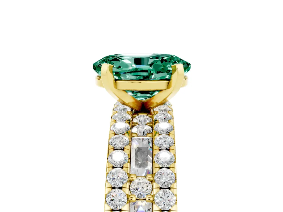 Oval Cut Green Sapphire Solitaire Ring with Pavé and Channel Set Band Yellow gold