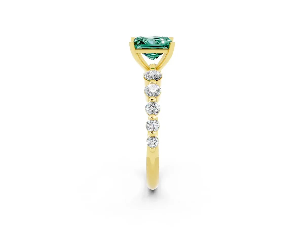 Princess Cut Solitaire Green Sapphire Ring with Pave Band and Four-Prong Setting Yellow gold