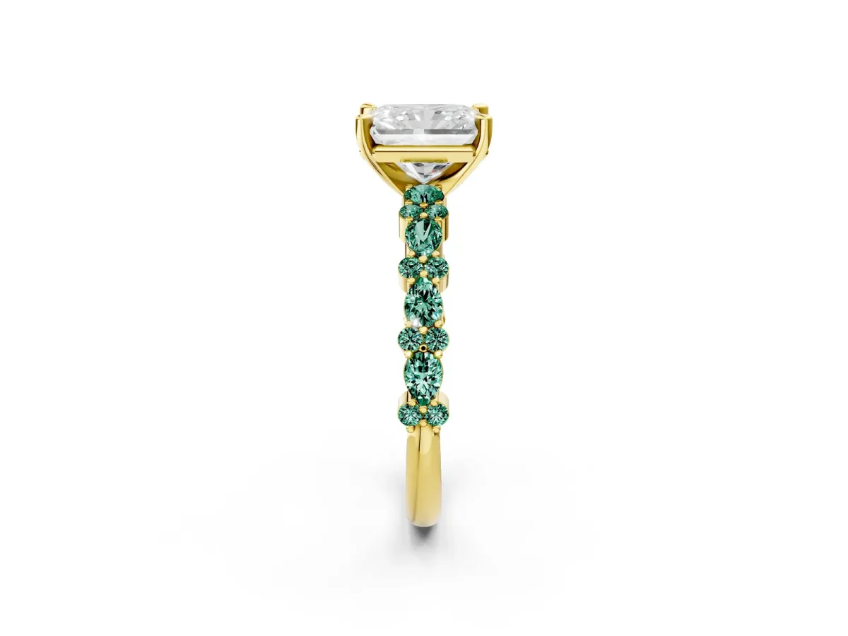 Radiant Cut Diamond Side Stone Solitaire Ring with Round Green Sapphire and Four-Prong Setting Yellow gold