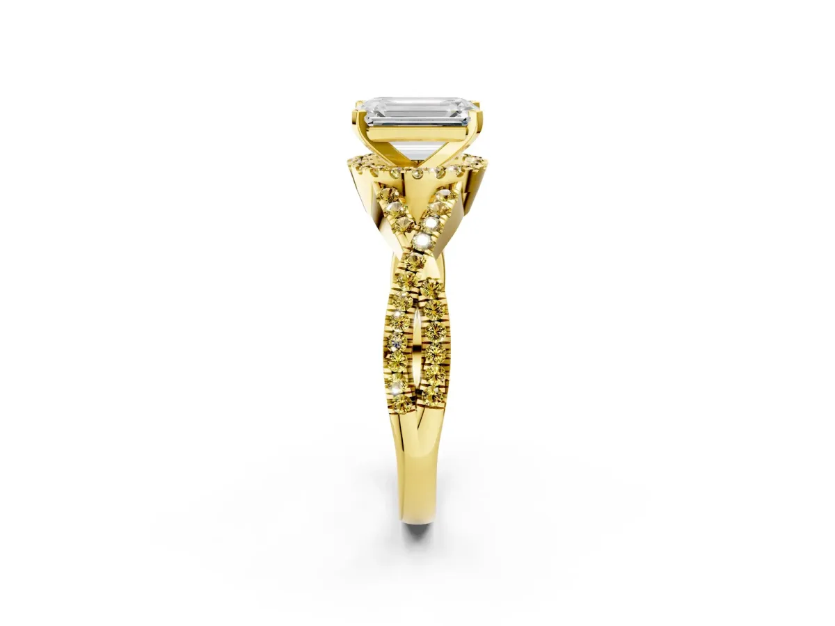 Emerald Cut Diamond Yellow Sapphire Halo Twist Band Solitaire Prong Setting Ring Yellow gold