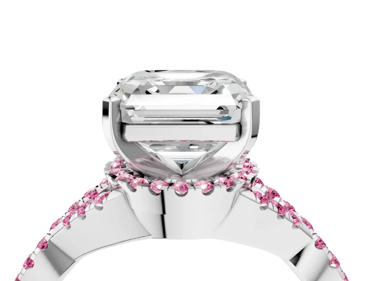 Asscher Cut Diamond Pink Sapphire Halo Twist Band Solitaire Prong Setting Ring White gold
