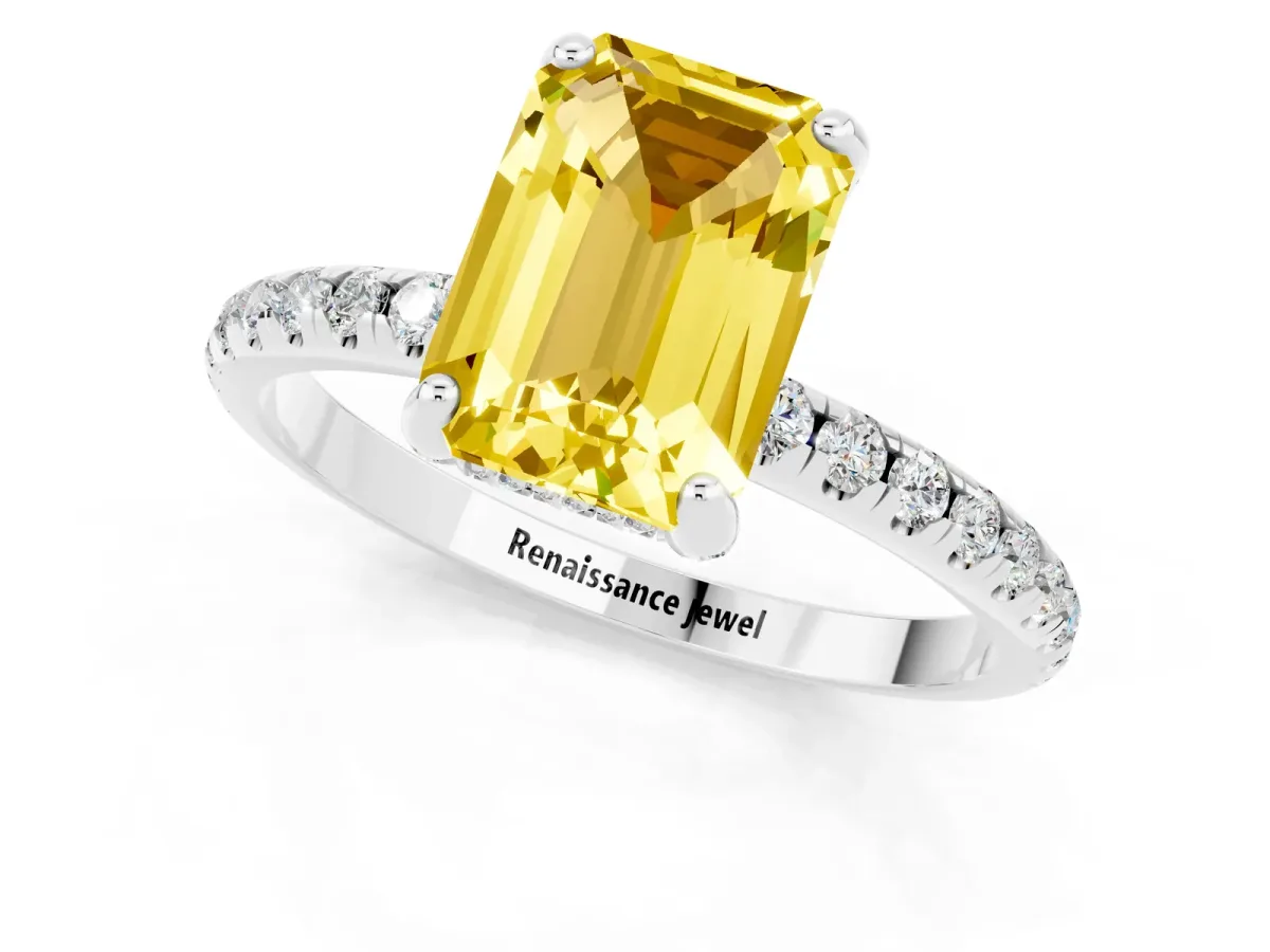 Emerald Cut Yellow Sapphire Hidden Halo Engagement Ring with Round Pavé Band and Prong Setting Silver