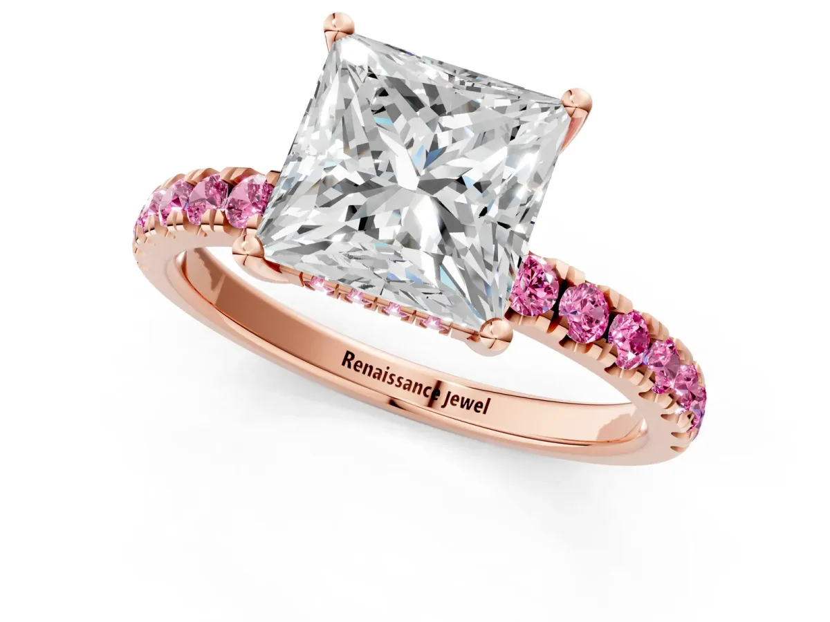 Princess Cut Diamond Pave Band Solitaire Ring with Round Pink Sapphire and Prong Setting Rose gold