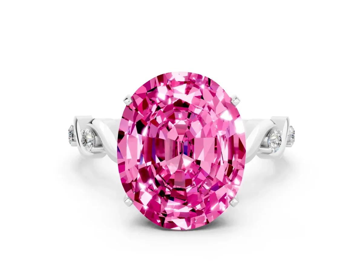 Oval Cut Pink Sapphire Solitaire Twisted Band with Round Accents and Prong Setting White gold