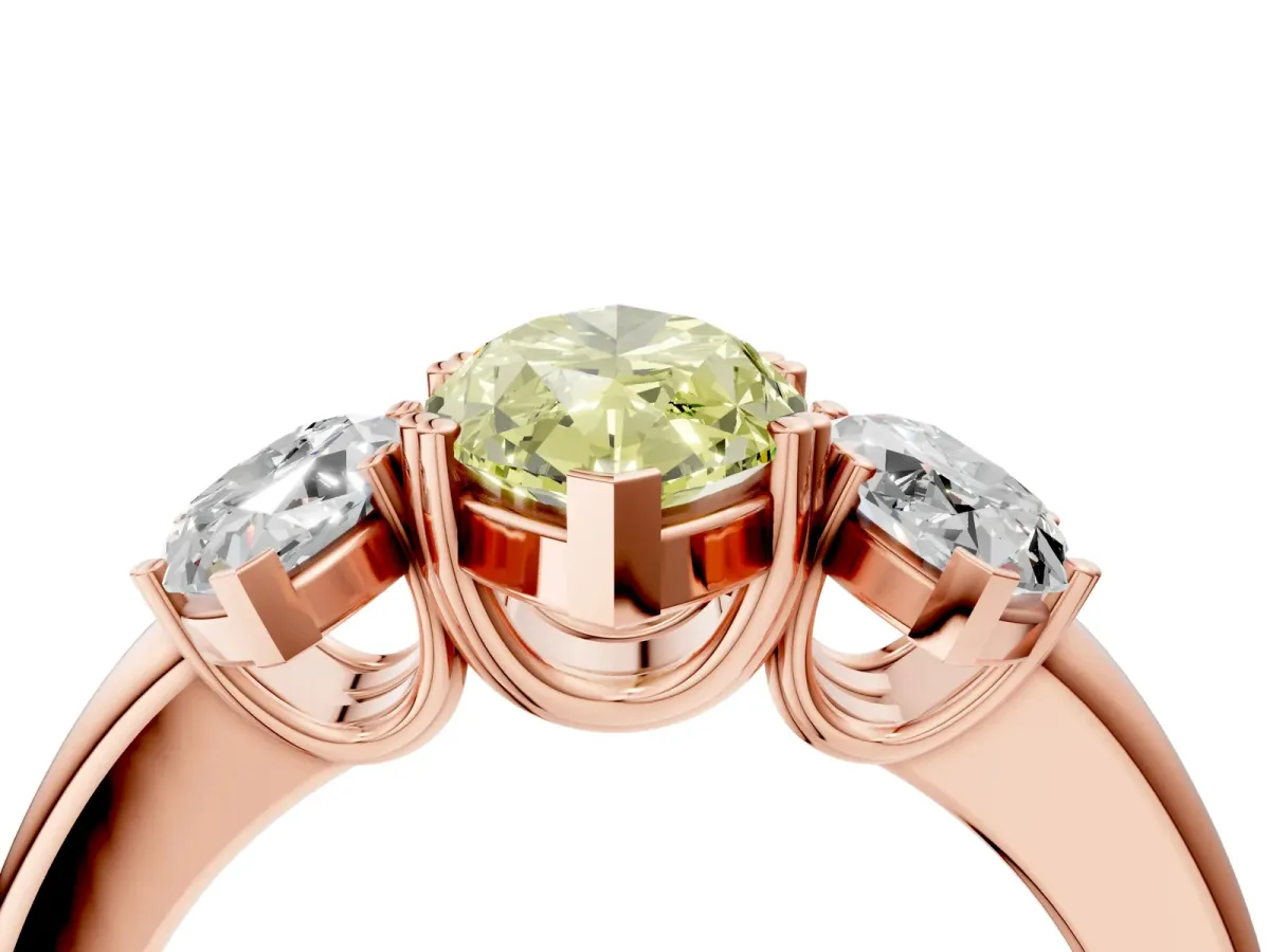 Fancy Yellow Three-Stone Marquise Cut Cut Diamond Ring with Channel Set Band and Four-Prong Setting Rose gold