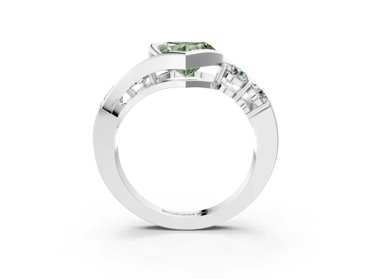 Fancy Green Bezel Set Heart Cut Diamond Bypass Ring with Round Accents Platinum
