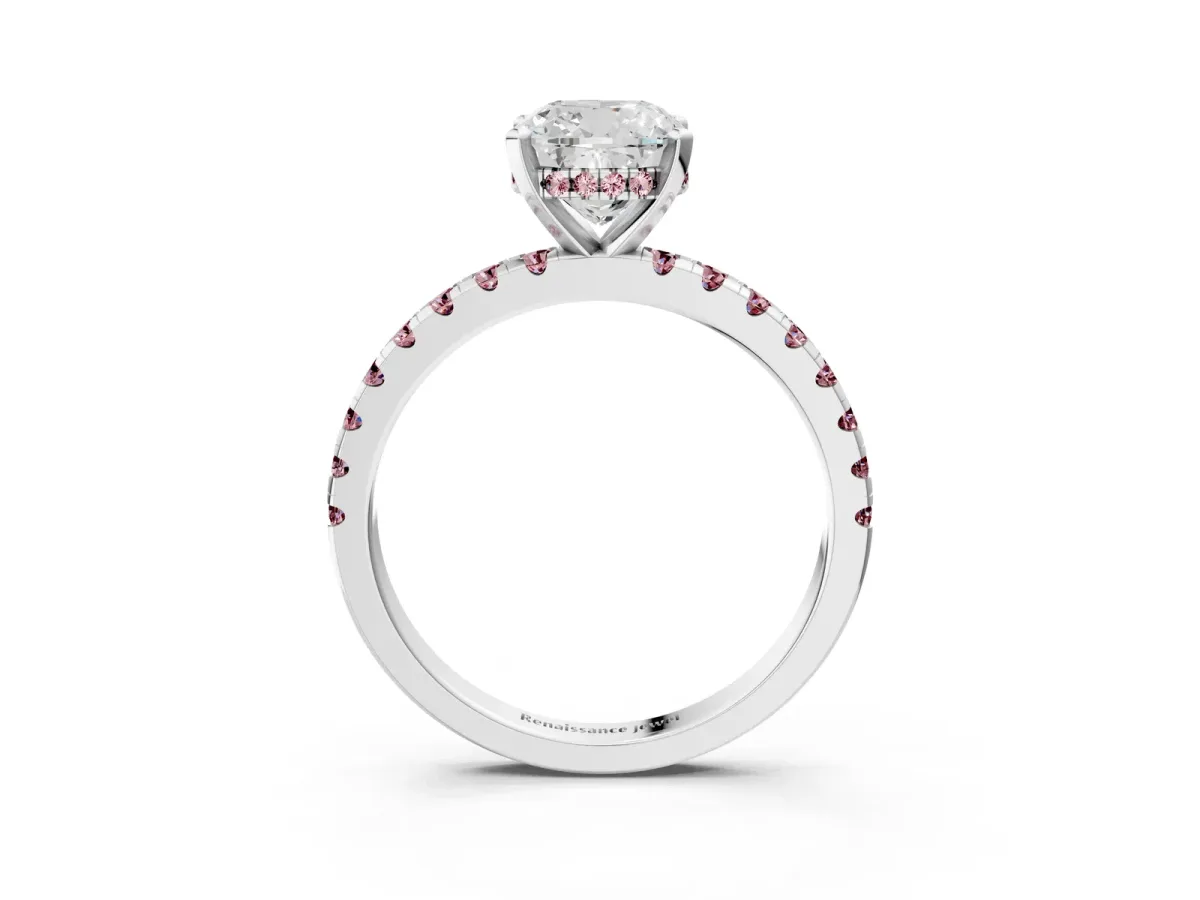 Cushion Cut Diamond Solitaire Ring with Round Morganite Pavé Band and Four-Prong Setting White gold