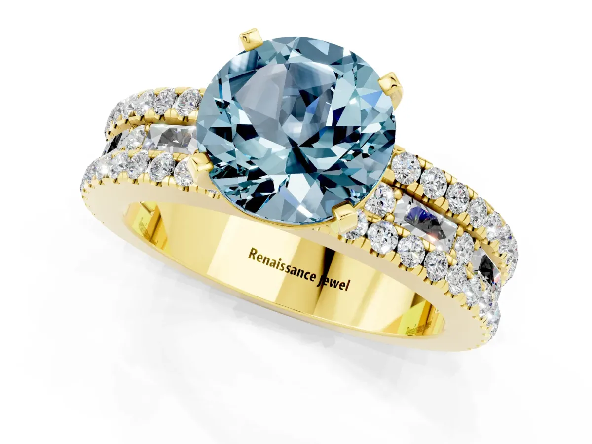 Round Cut Aquamarine Solitaire Ring with Pavé and Channel Set Band Yellow gold