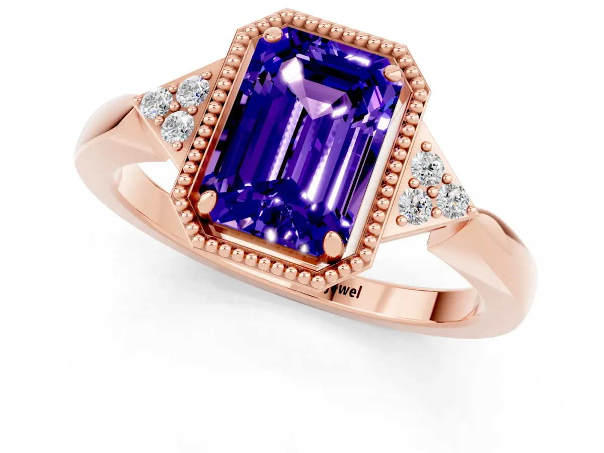 Emerald Cut Tanzanite Halo Ring with Tapered Band and Four-Prong Setting Rose gold