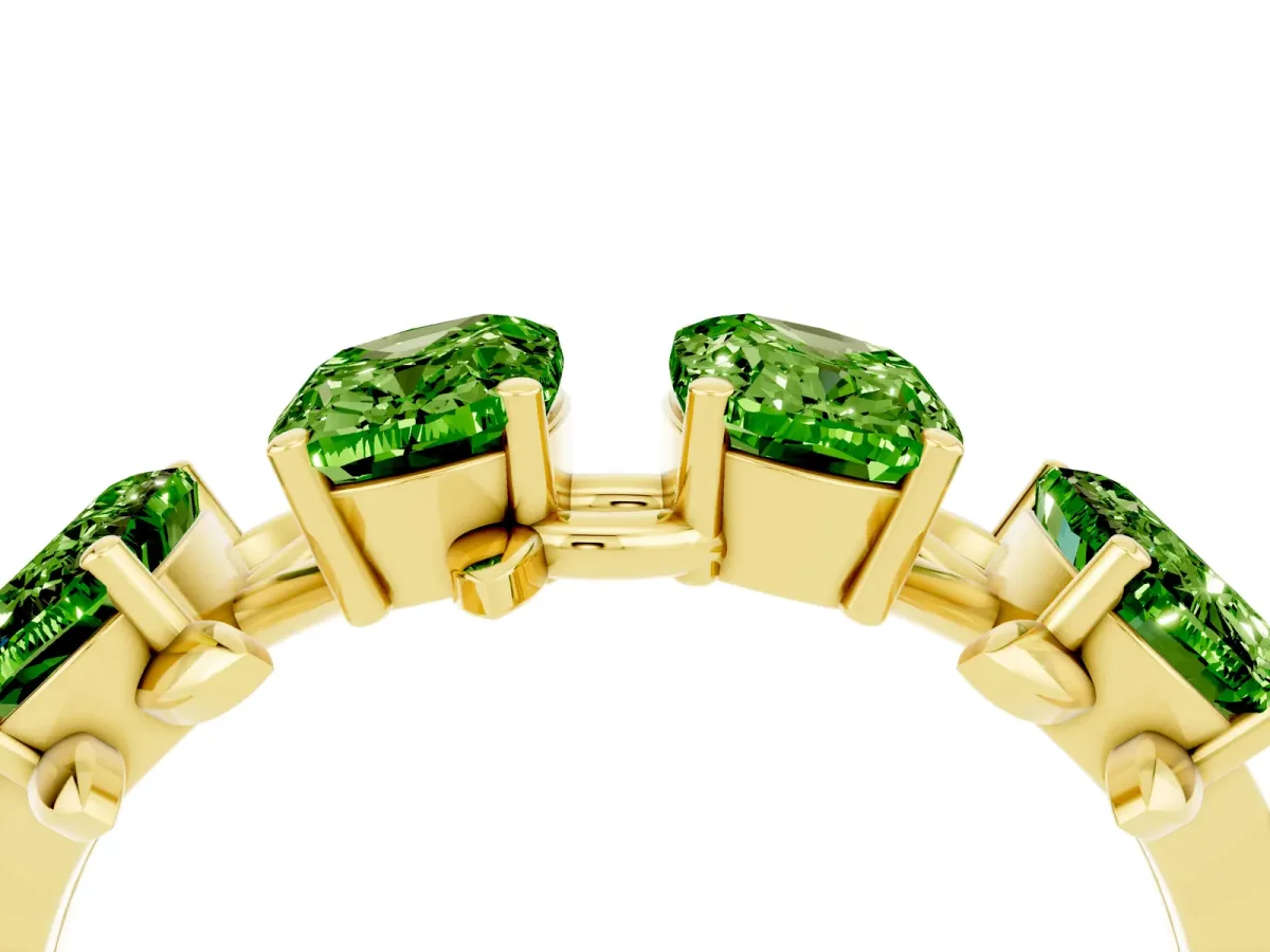 Four-Stone Elongated Cushion Peridot Band with Nature-Inspired Prong Setting Yellow gold