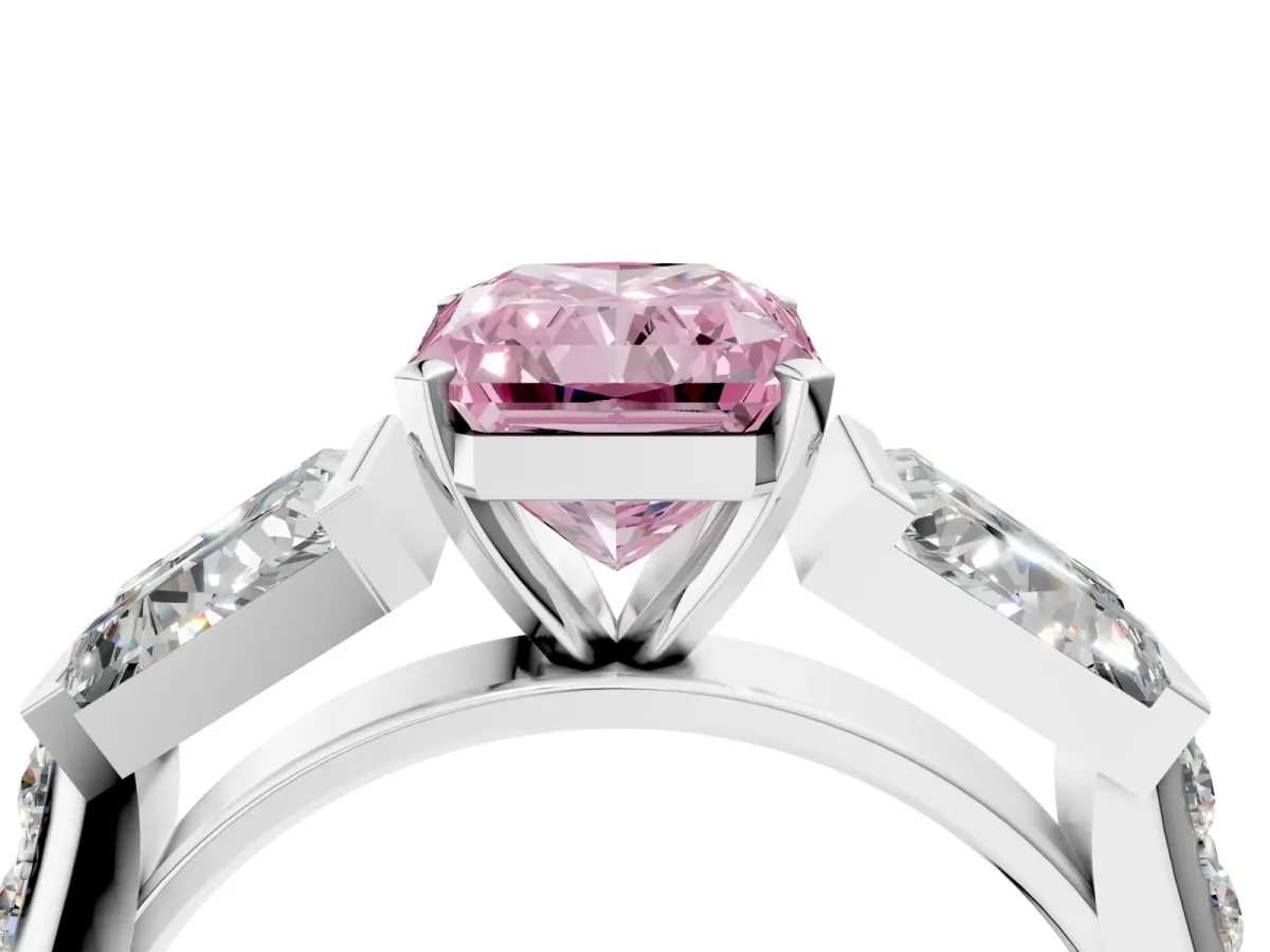 Fancy Pink Radiant Cut Diamond Engagement Ring with Baguette Side Stones and Channel Set Band Platinum