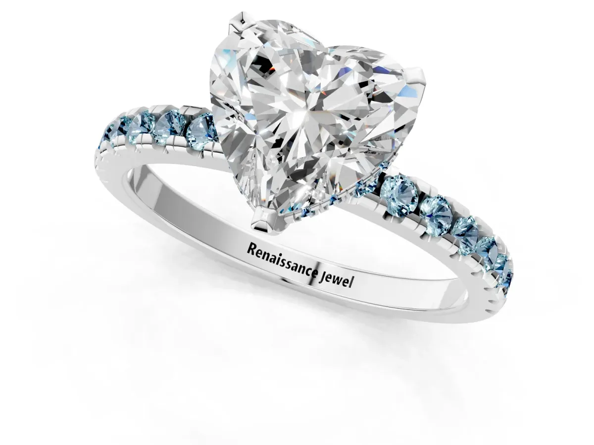 Heart Cut Diamond Solitaire Ring with Round Aquamarine Pavé Band and Four-Prong Setting Platinum