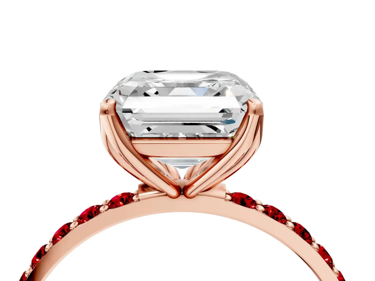 Asscher Cut Diamond Solitaire Engagement Ring with Round Ruby Pavé Band and Prong Setting Rose gold