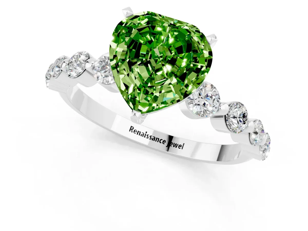 Heart Cut Solitaire Peridot Ring with Pave Band and Four-Prong Setting Platinum