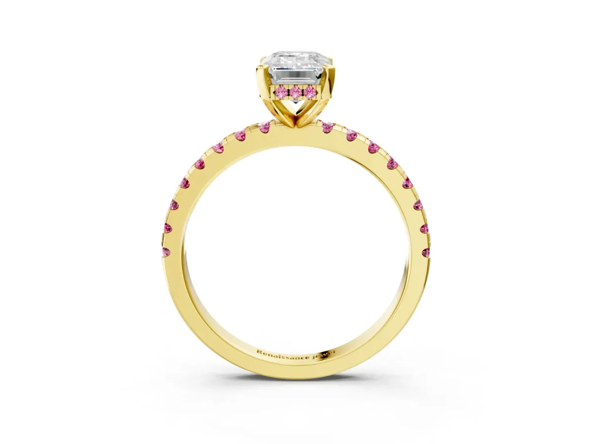 Emerald Cut Diamond Solitaire Ring with Round Pink Sapphire Pavé Band and Four-Prong Setting Yellow gold