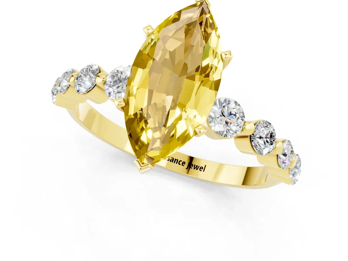 Marquise Cut Solitaire Yellow Sapphire Ring with Pave Band and Four-Prong Setting Yellow gold