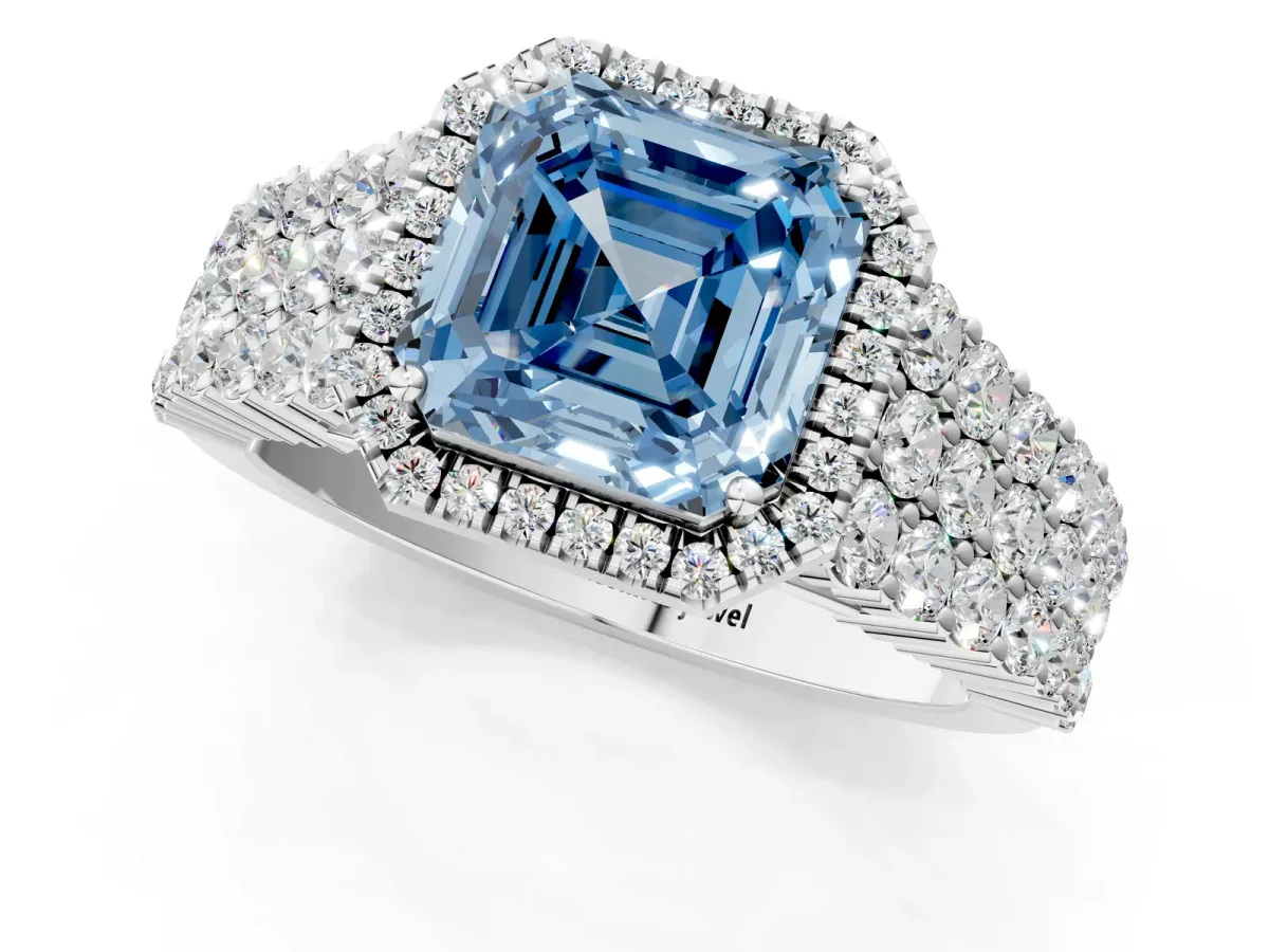Fancy Blue Asscher Cut Diamond Halo Engagement Ring with Triple Row Round Pavé Band and Prong Setting Platinum
