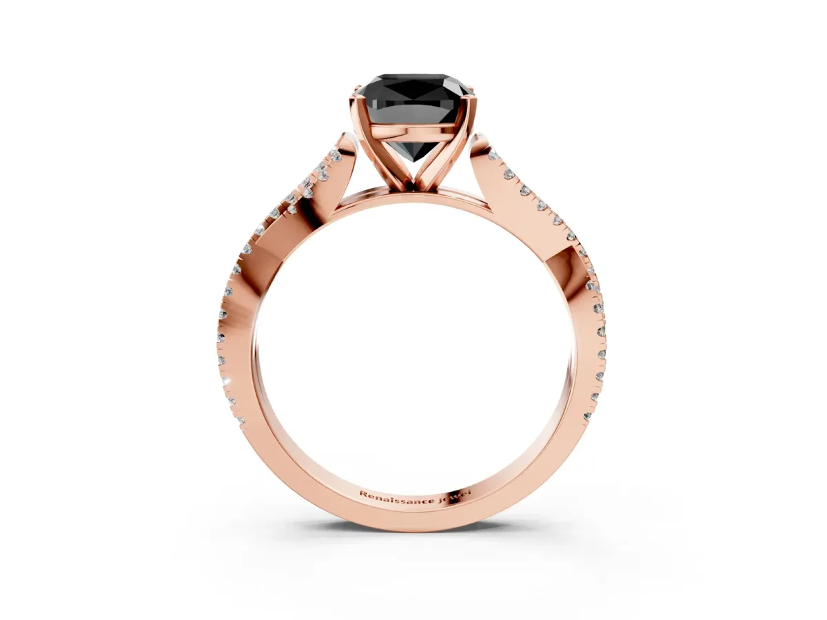 Fancy Black Cushion Cut Diamond Solitaire Engagement Ring with Twisted Pavé Band and Four-Prong Setting Rose gold