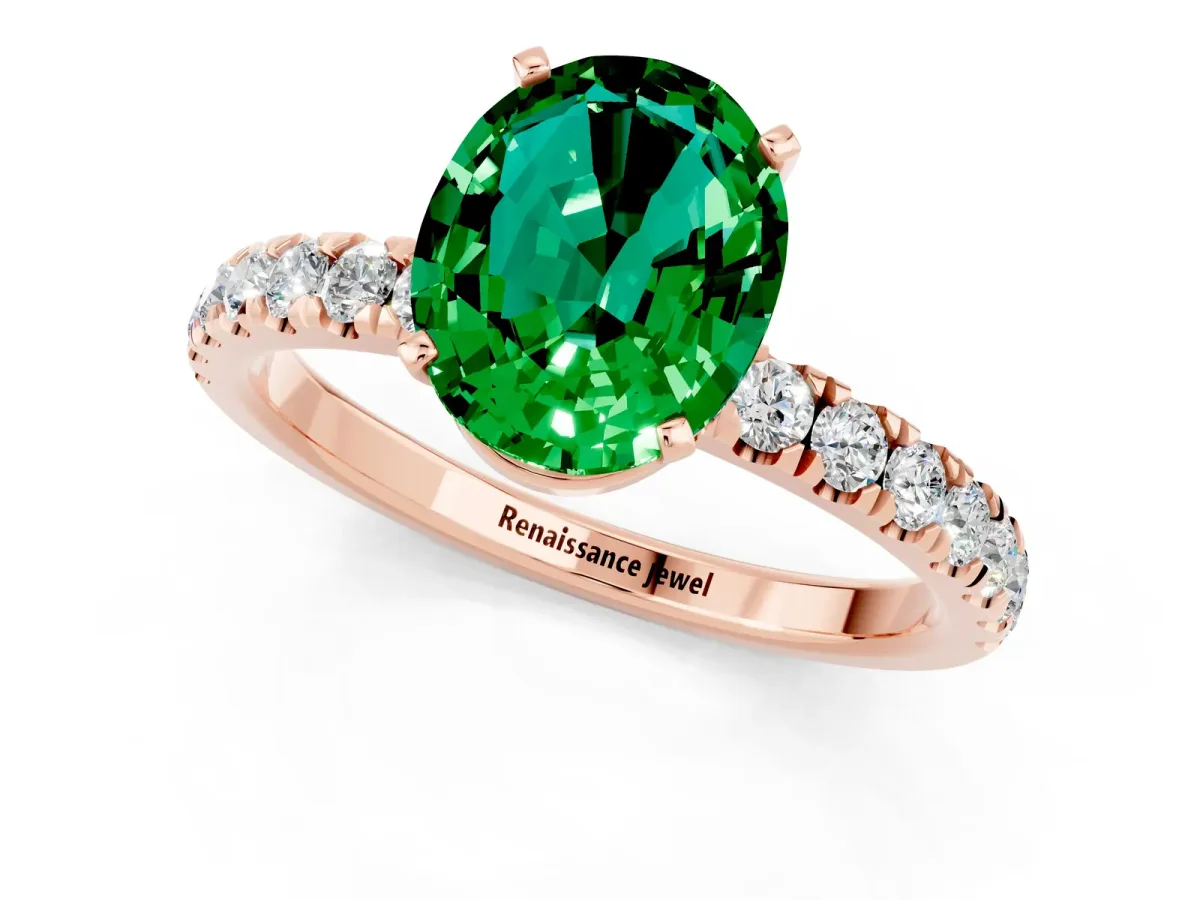 Oval Cut Emerald Solitaire Ring with Pavé Accents and Four-Prong Setting Rose gold