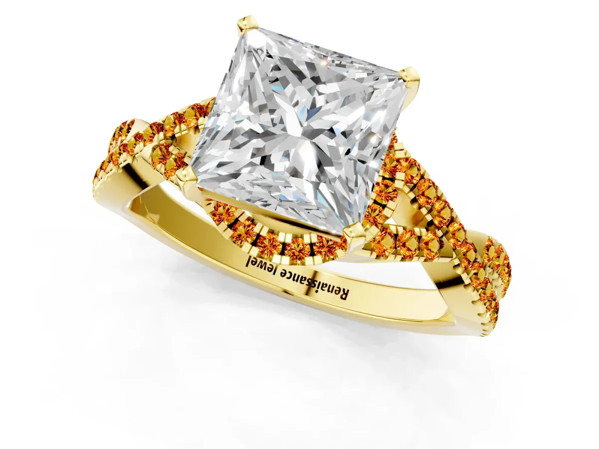 Princess Cut Diamond Citrine Halo Twist Band Solitaire Prong Setting Ring Yellow gold