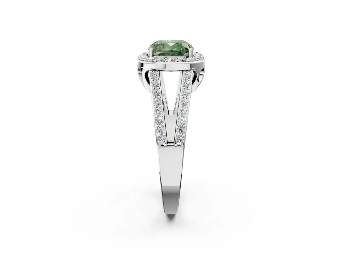 Fancy Green Cushion Cut Diamond Halo Ring with Split Shank U-Prong Band and Four-Prong Setting White gold