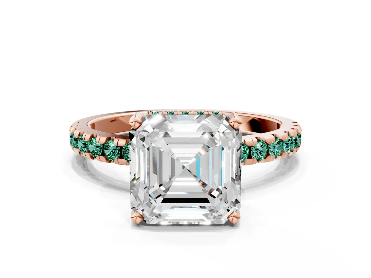 Asscher Cut Diamond Solitaire Ring with Round Green Sapphire Pavé Band and Four-Prong Setting Rose gold