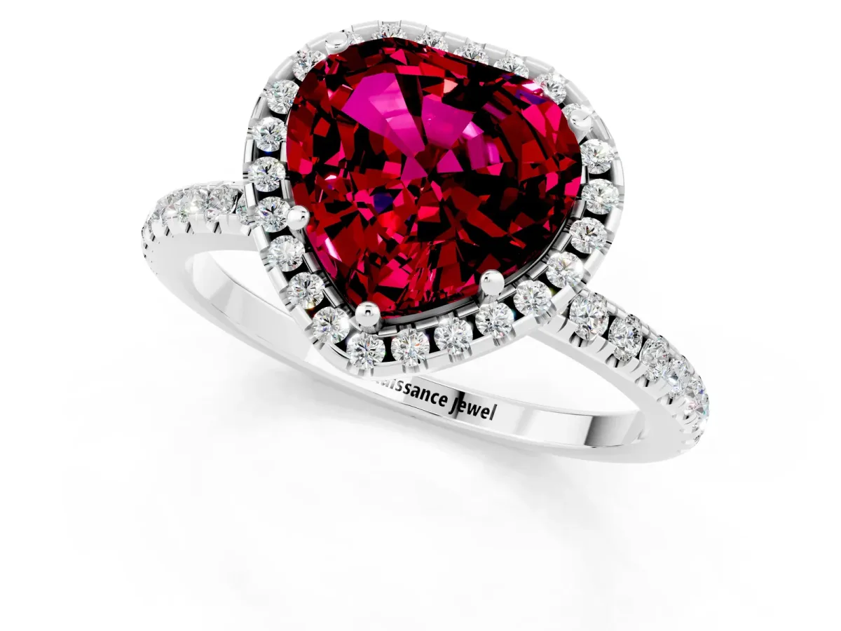 Heart Cut Garnet Halo Engagement Ring with Round Pavé Band and Prong Setting Platinum