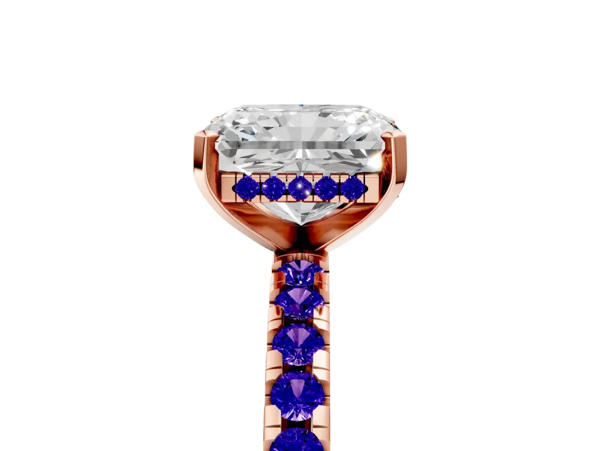 Radiant Cut Diamond Solitaire Ring with Round Tanzanite Pavé Band and Four-Prong Setting Rose gold