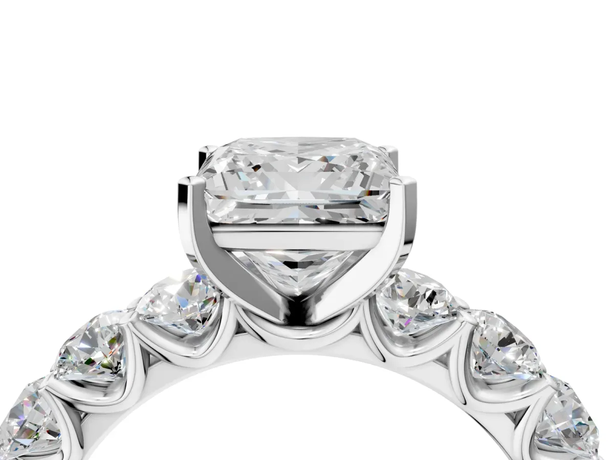 Princess Cut Diamond Prong Setting with Side Stones on a Pave Band White gold