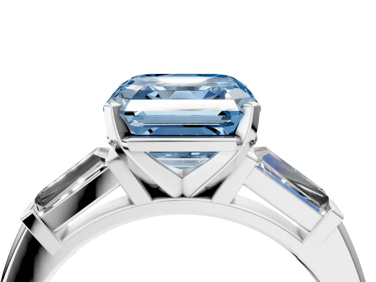 Fancy Blue Asscher Cut Solitaire with Tapered Baguette Side Stones on a Classic Band with Four-Prong Setting Platinum
