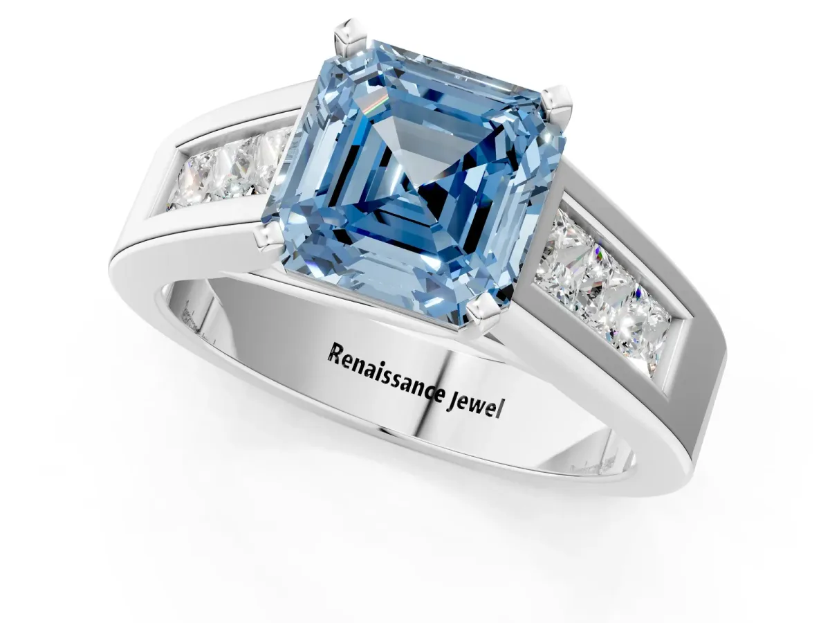Fancy Blue Asscher Cut Cut Channel Set Solitaire Ring with Four-Prong Setting Platinum