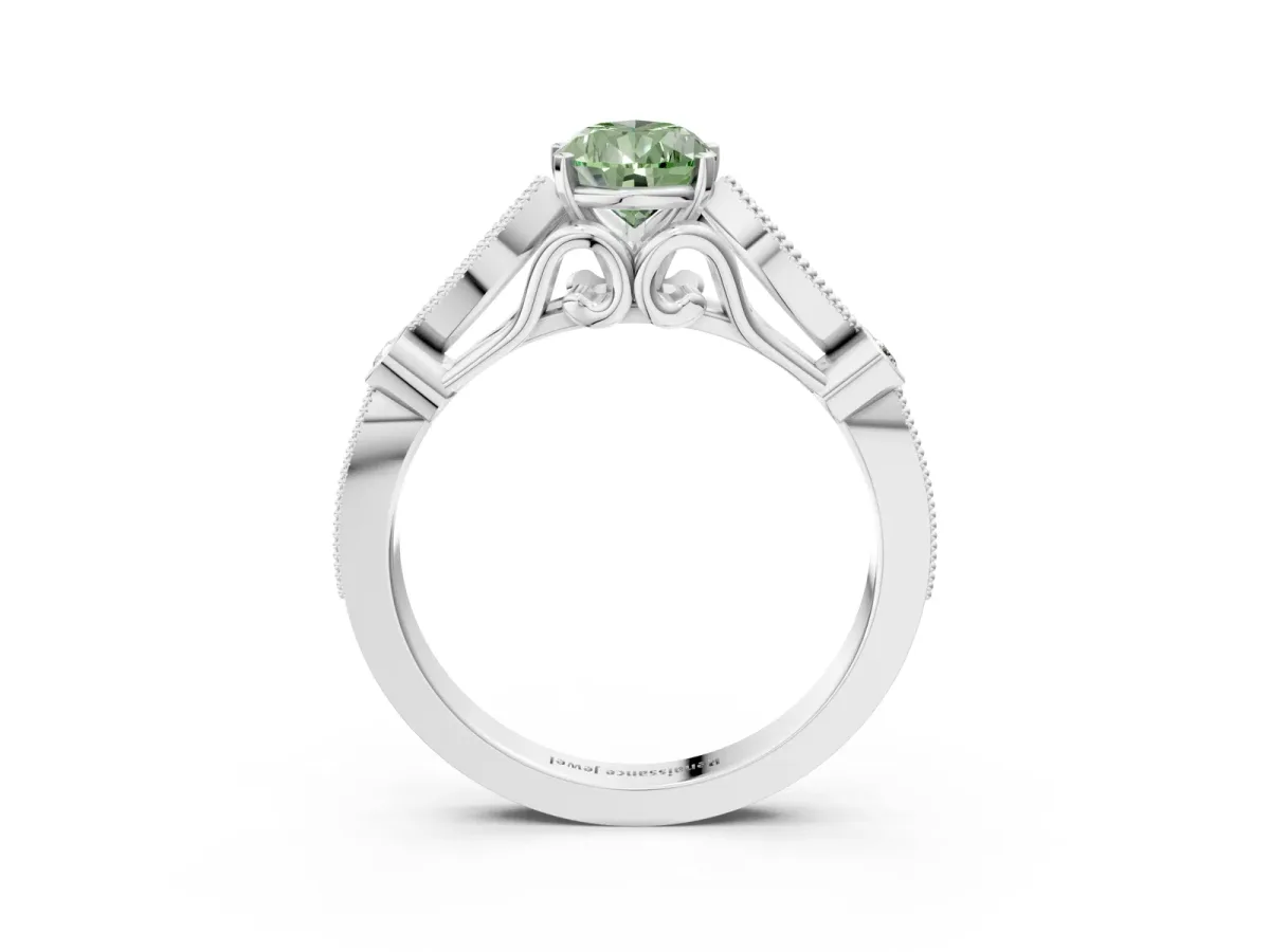 Fancy Green Pear Cut Cut Diamond with Milgrain Marquise and Bezel Accents on a Solitaire Band with Prong Setting Silver
