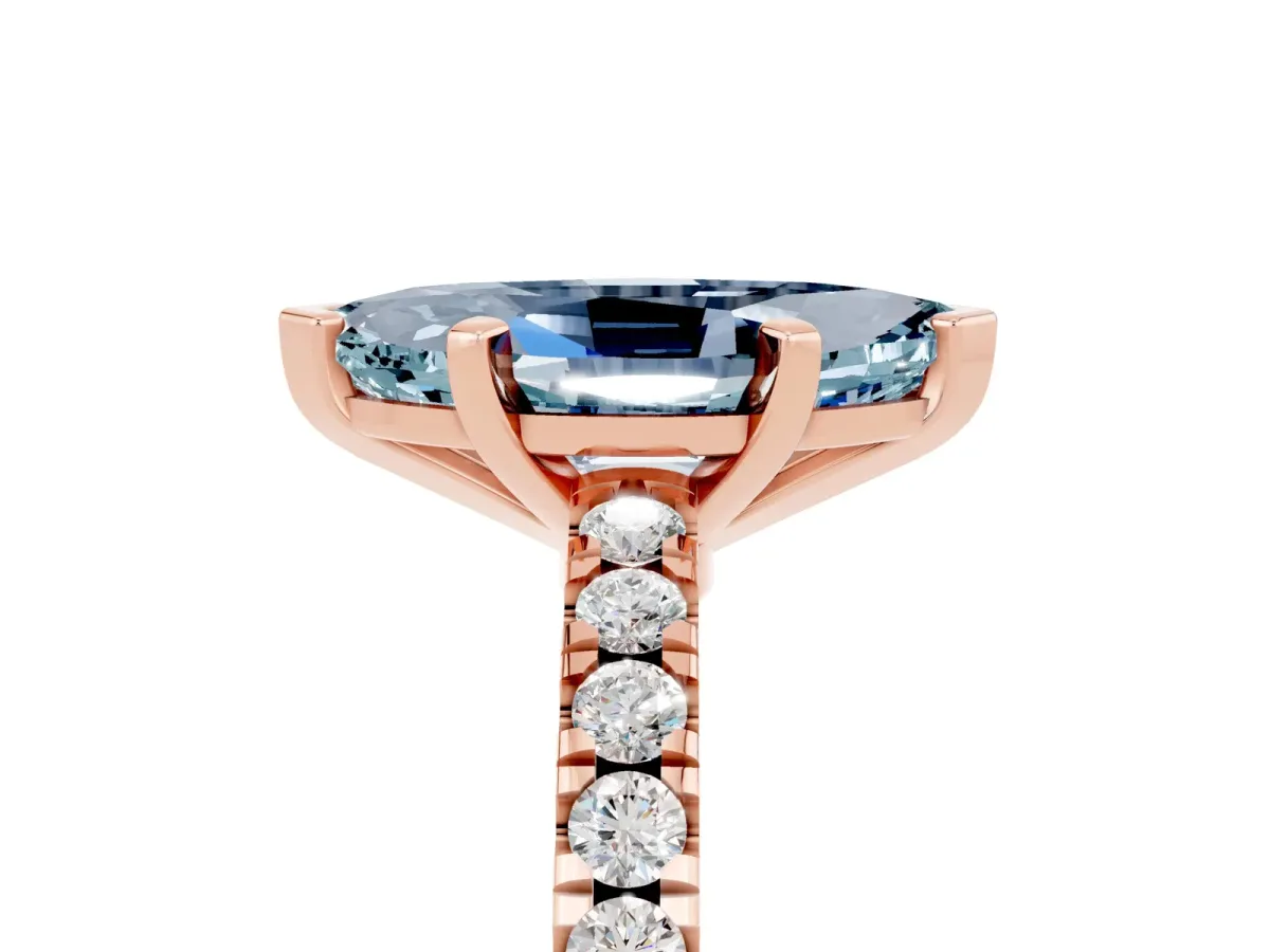Marquise Cut Solitaire Aquamarine with Pavé Band and Four-Prong Setting Rose gold