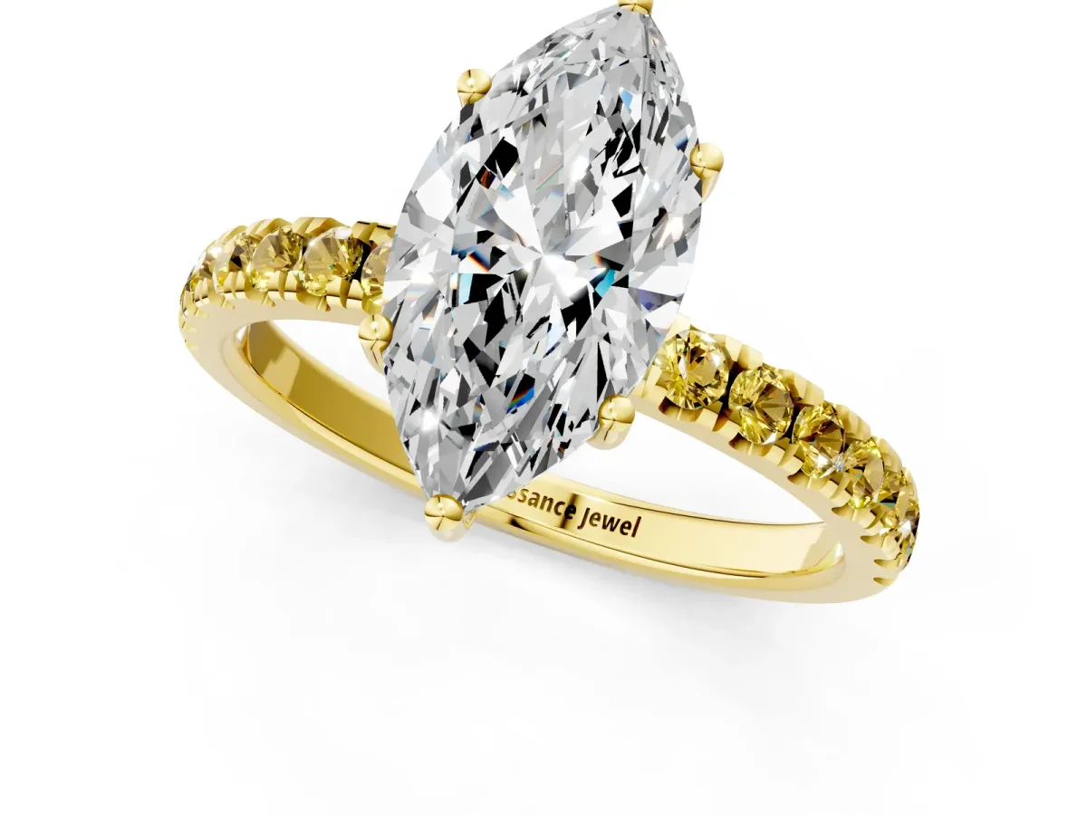 Marquise Cut Diamond Pave Band Solitaire Ring with Round Yellow Sapphire and Prong Setting Yellow gold