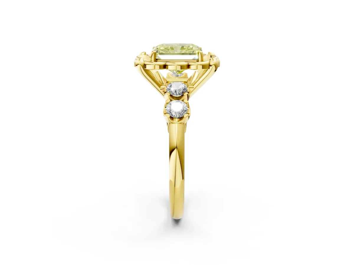 Fancy Yellow Radiant Cut Cut Diamond Floral Halo Engagement Ring with Shared Prong Setting Yellow gold